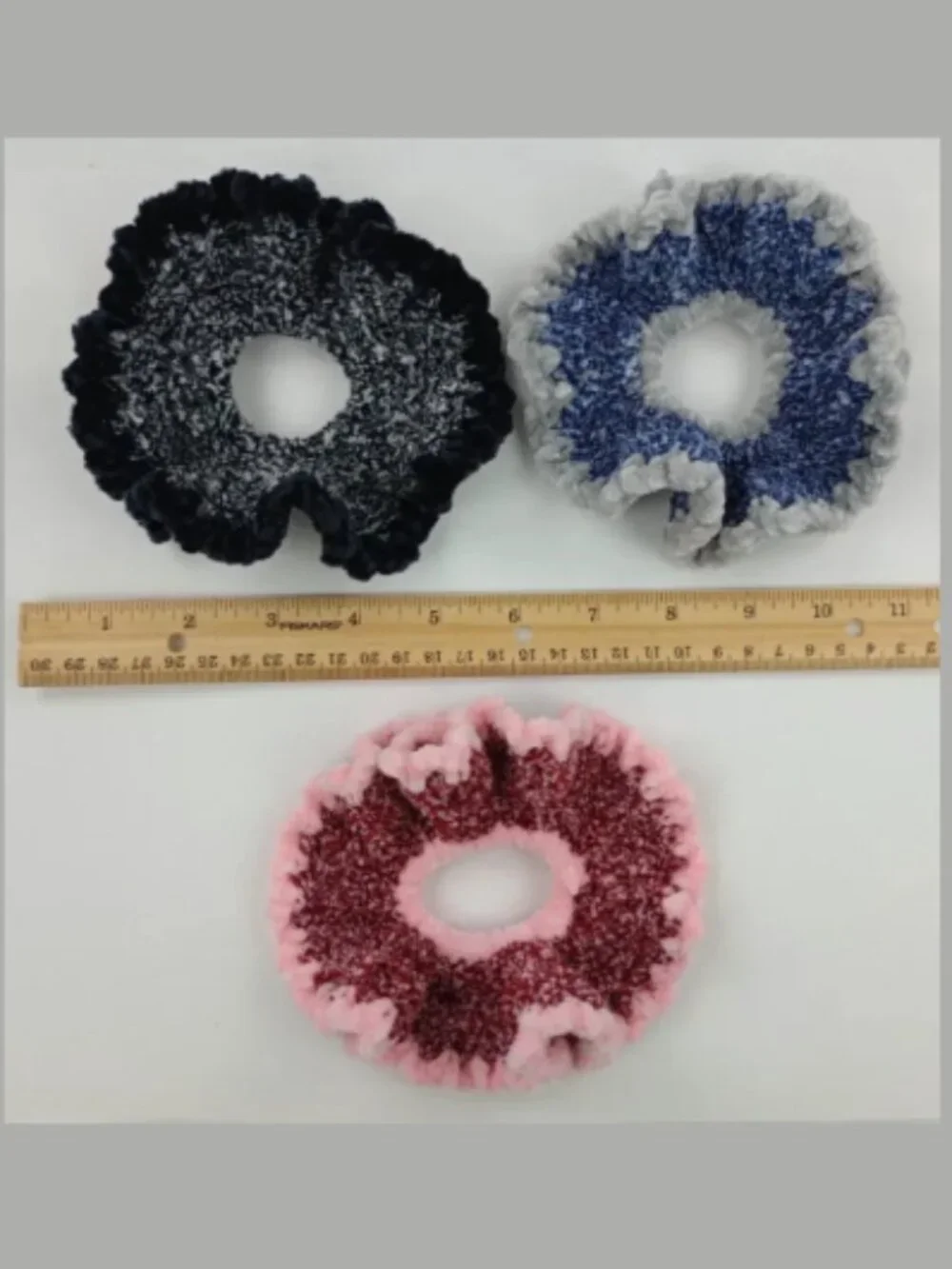 Lot of 3 Handmade Ruffle Chenille Hair Scrunchies Pony Tail Set of 3